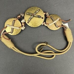 Vtg Hammered Brass Medallions Rope Belt Braided M Boho Tribal Ethnic Statement